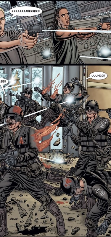 Art showing futuristic men in a battle on the street with guns.