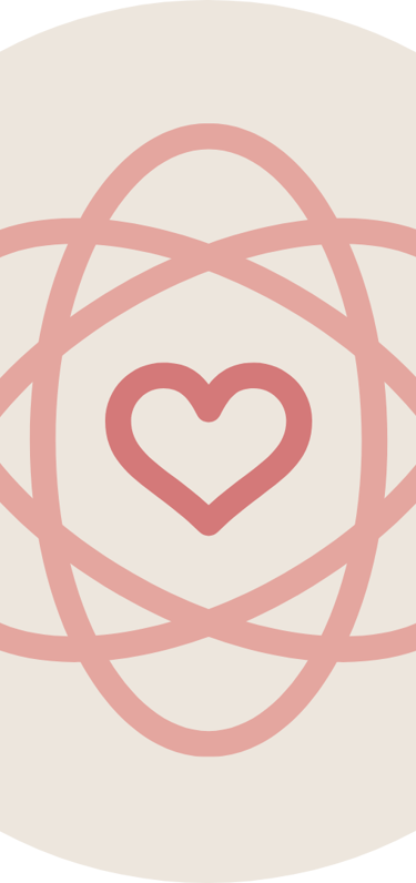 Pink minimalist icon featuring a heart at the center of interlocking atomic orbital rings on a neutral circle background.