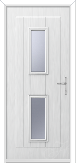 white front door with two pieces of glass