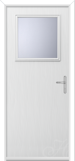 white door with square of glass for back door