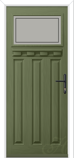 Hebden Shelf composite door in Reed Green with black handle and 10mm pinstripe glass