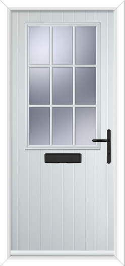a white composite front door with half glazed panel and grills.  It has black hardware and a cottage style look
