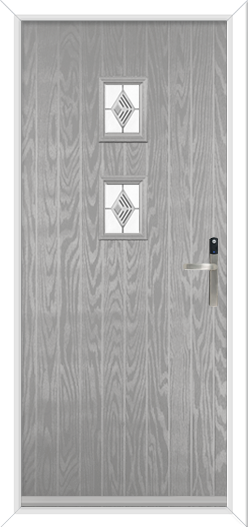 silver grey composite door with 2 glass panels of fusion glass.  It has a Yale conexis digital lock 