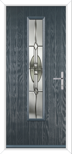 chartwell grey composite door with grey hardware and a long glazed panel with pattern glass