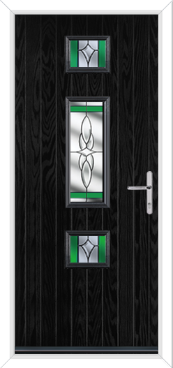 black brown composite door with three glazed panels and crystal harmony lead glass in green