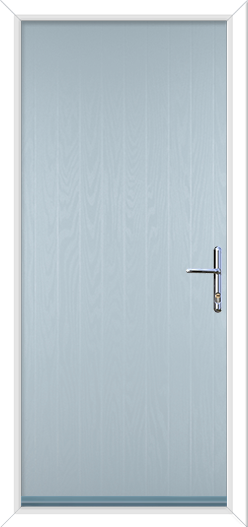 a duck egg blue cottage style composite door with chrome handle