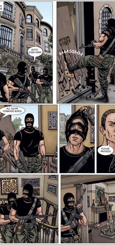 art of men in a fancy house, wearing masks and holding guns.