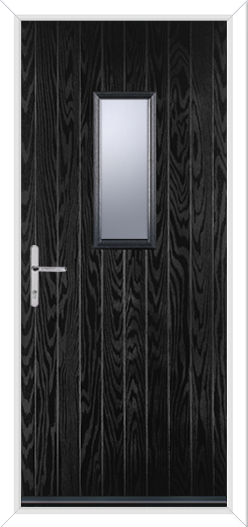 black brown short normanton door with chrome hardware. small glass panel in the middle composite door