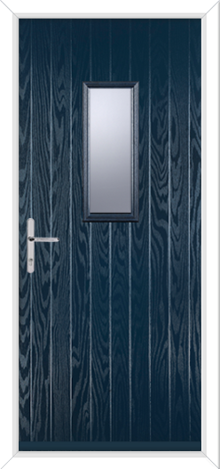 blue short normanton door with chrome hardware. small glass panel in the middle composite door