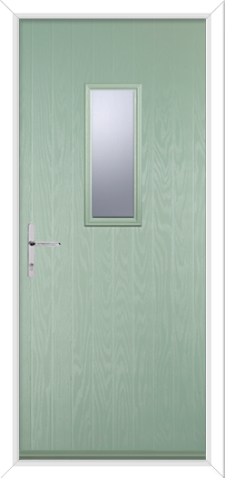 chartwell green short normanton door with chrome hardware. small glass panel in the middle composite door