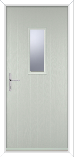 agate grey short normanton door with chrome hardware. small glass panel in the middle composite door