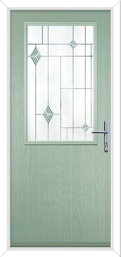 A chartwell green front door with half panel glass. It has fusion green glass and silver hardware