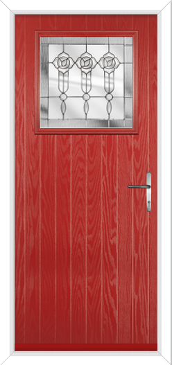 Red composite door with square glass panel and rose glazing. It has a graphite handle