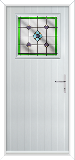 white door with square panel of Dorchester glass