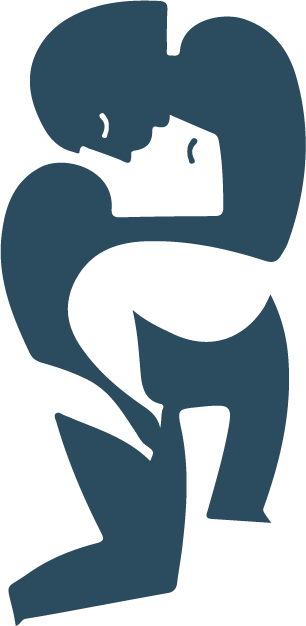 Una silueta abstracta minimalista azul de una pareja abrazándose y besándose sobre un fondo negro