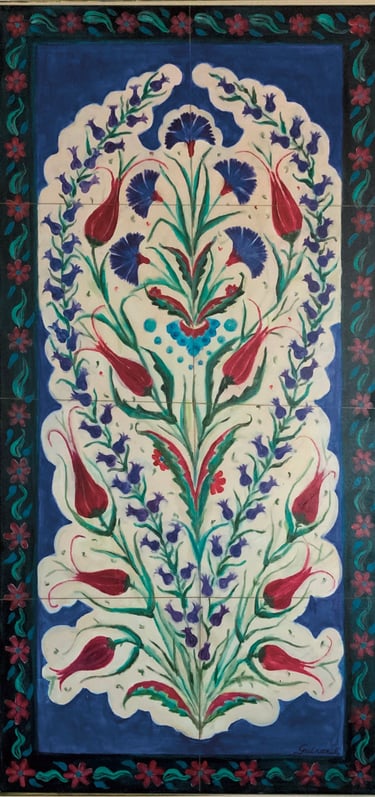 Traditional Ottoman design depicting red tulips and blue pomegranates on white and blue background 