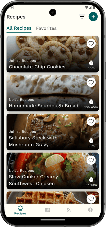 Screenshot of a Grandma's Recipes main list view, showing recipe cards