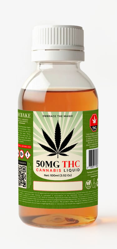 A 100ml bottle of 50mg THC cannabis liquid edible with a green label and white cap.