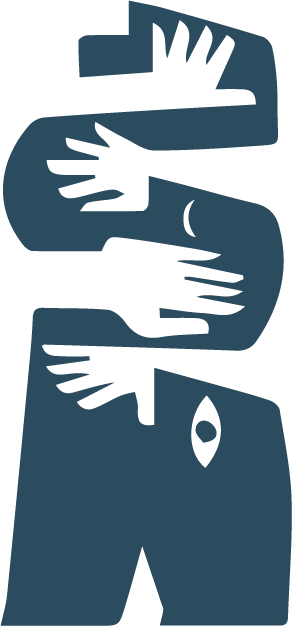 Ilustración gráfica abstracta de manos negras que se extienden sobre la silueta de un cuerpo azul