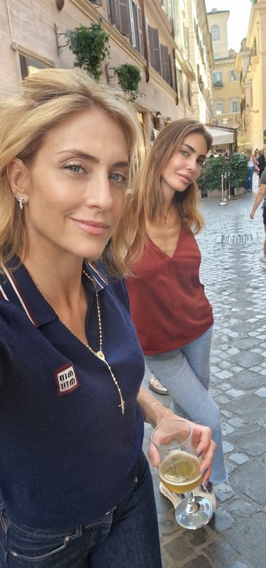 Mary Tornariti with friend enjoying an evening out in the historic centre of Rome.