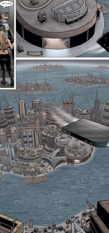 Art of flying spaceship over futuristic city .