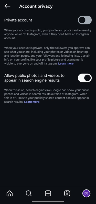 Allow public photos and videos in search engine results” in privacy settings.