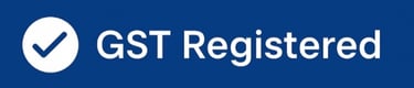 a blue and white logo with the words gst registered