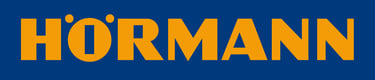a blue and yellow logo with the words hormann