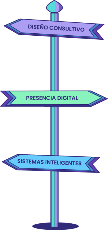 Señal con tres direcciones: diseño consultivo, presencia digital y sistemas inteligentes.
