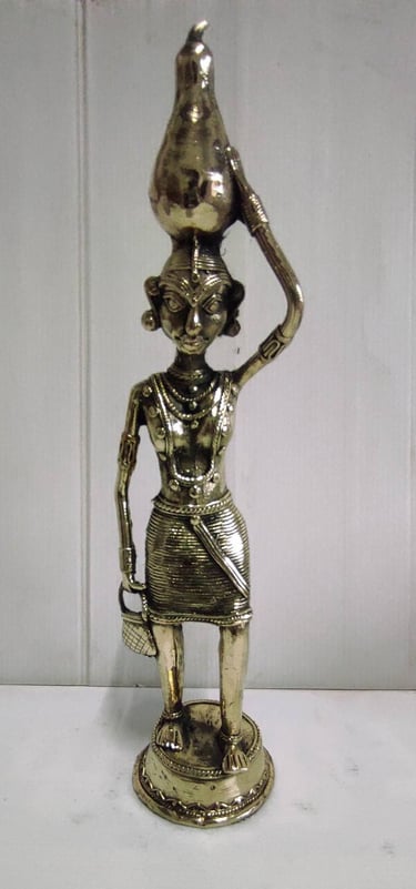 "Tribal Woman with Tumba-Brass Handcrafted Art-Front View-for worldwide trade"
