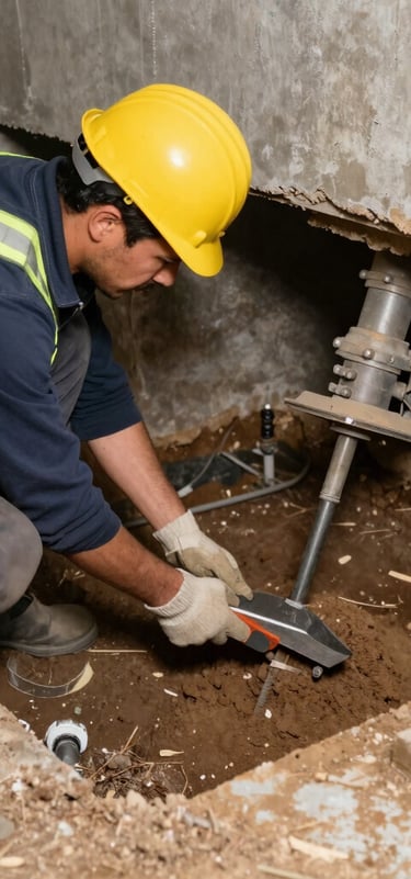 A skilled builder measuring wood beams on a sunny home renovation site.