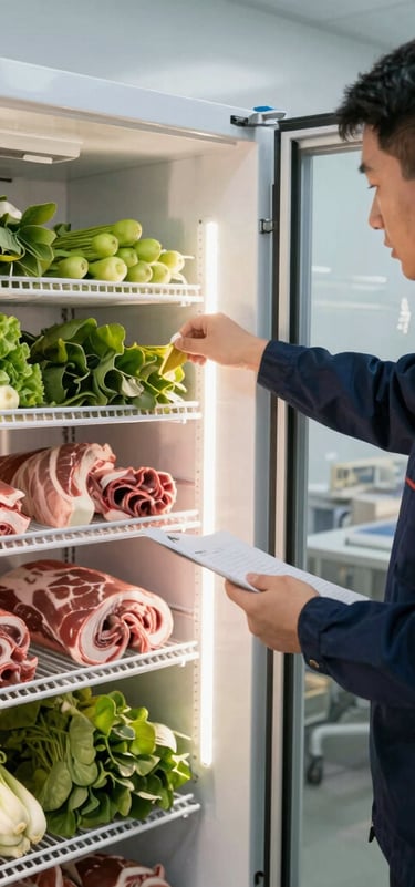 Technician in black uniform with golden accents repairing commercial refrigeration equipment in a sleek restaurant kitchen.