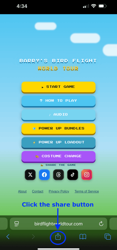 Mobile game menu for Barry's Bird Flight World Tour showing start and power up buttons.