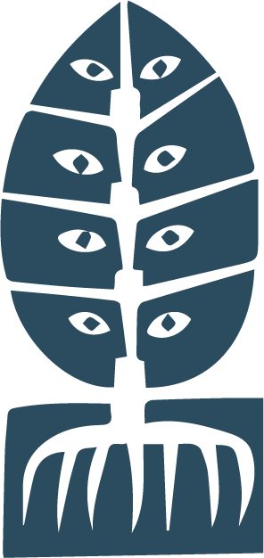 Ilustración gráfica abstracta de un árbol estilizado con hojas que forman patrones en forma de ojo