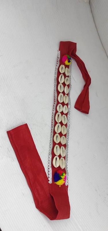 "Cloth forehead headband with natural shells–handmade tribal-style accessory,red-for global shipment"