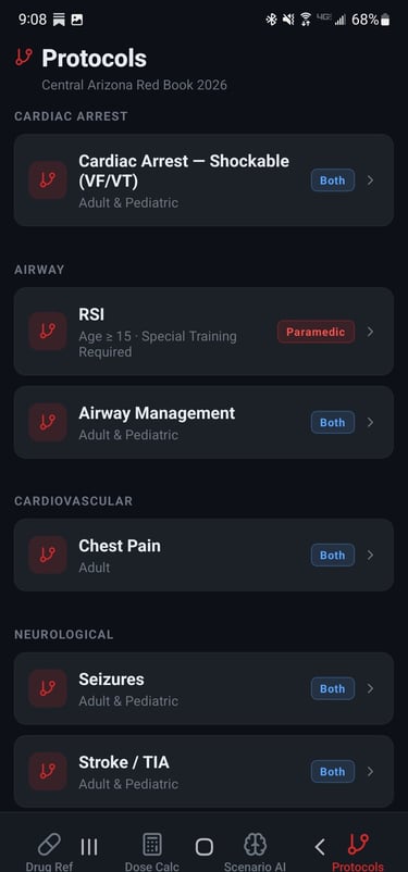 Example screen of protocols in Alpha Medic app.