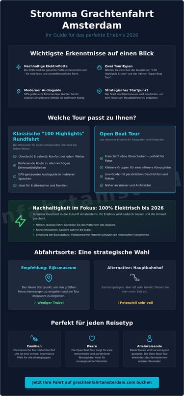 Infographic for Stromma Amsterdam canal tours detailing sustainable electric boat cruises and route options for 2026.