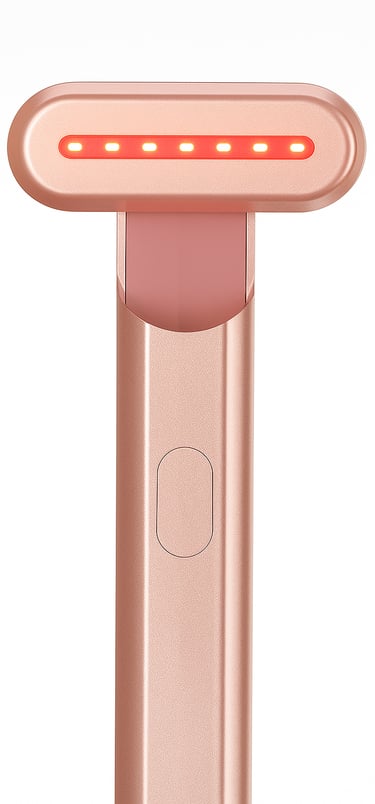 rose gold LED facial massage wand with red light therapy on a white background