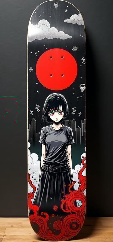 Custom anime skateboard deck featuring a black-haired girl with red eyes under a large red sun.