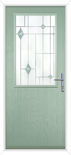 a chartwell green front door with green fusion glass.  The door is half glazed and had chrome handle