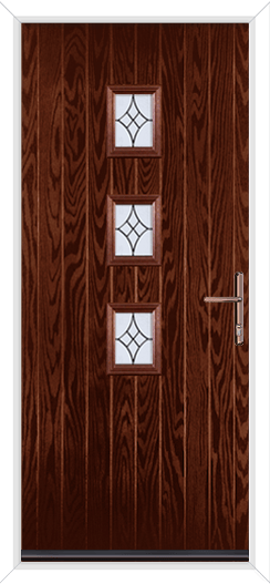 rosewood composite door with rose gold hardware.  the door has three small glass panels in the centre and is cottage style