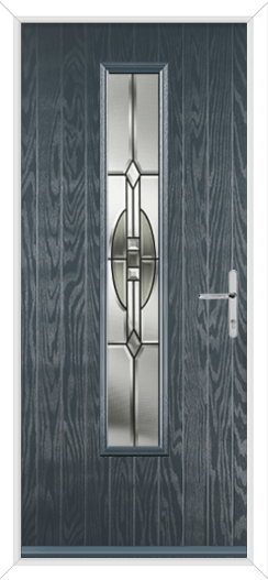 chartwell grey composite door with grey hardware and a long glazed panel with pattern glass