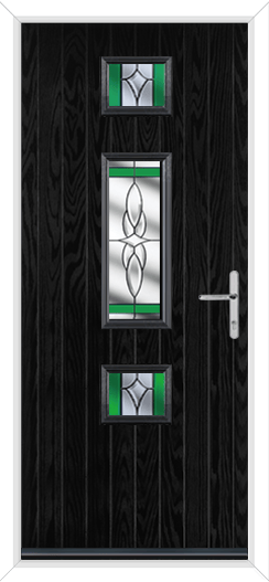 black brown composite door with three glazed panels and crystal harmony lead glass in green