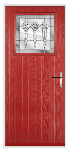 Red composite door with square glass panel and rose glazing.  It has a graphite handle