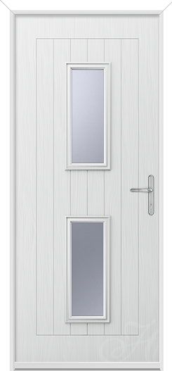white front door with two pieces of glass