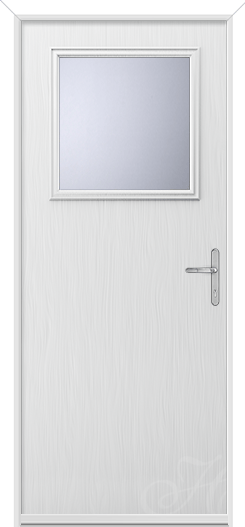 white door with square of glass for back door