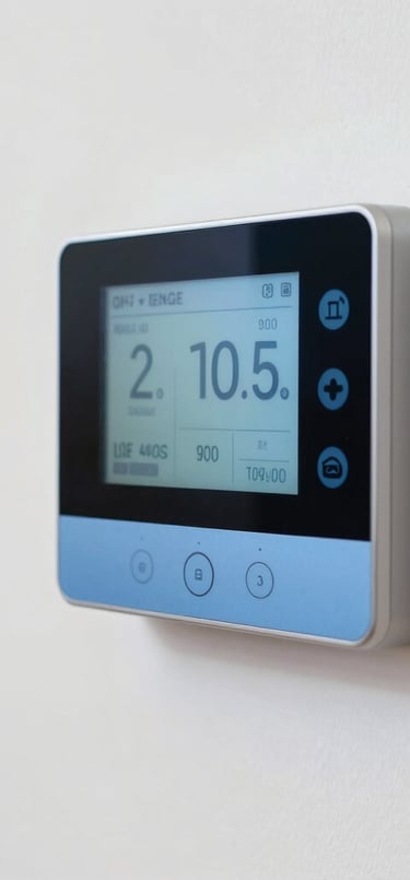 A close-up of a digital smart thermostat mounted on a white wall in a modern North American home, displaying temperature controls. Sharp focus, soft indoor lighting, professional photography with steel blue accents.