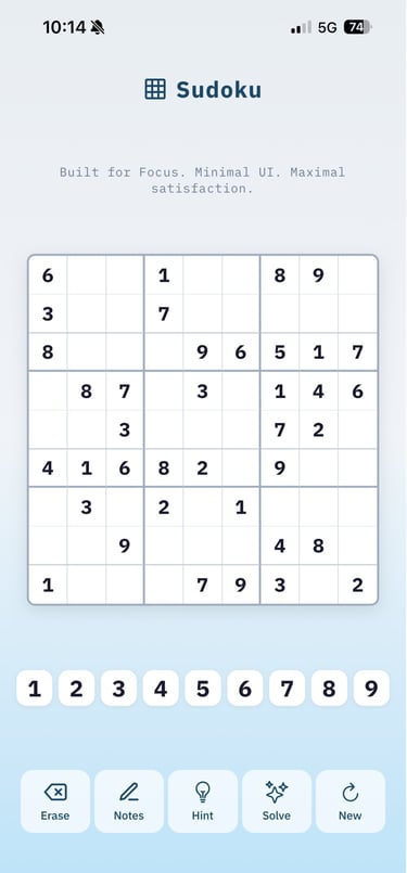 Sudoku mobile app interface featuring a minimal puzzle grid with numbers and game control buttons.