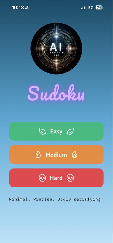 Sudoku mobile game menu with difficulty levels Easy, Medium, and Hard on a blue gradient background.
