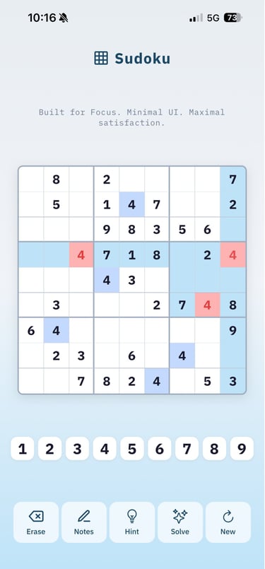 Minimalist Sudoku puzzle mobile app interface with numbered grid and blue UI elements.